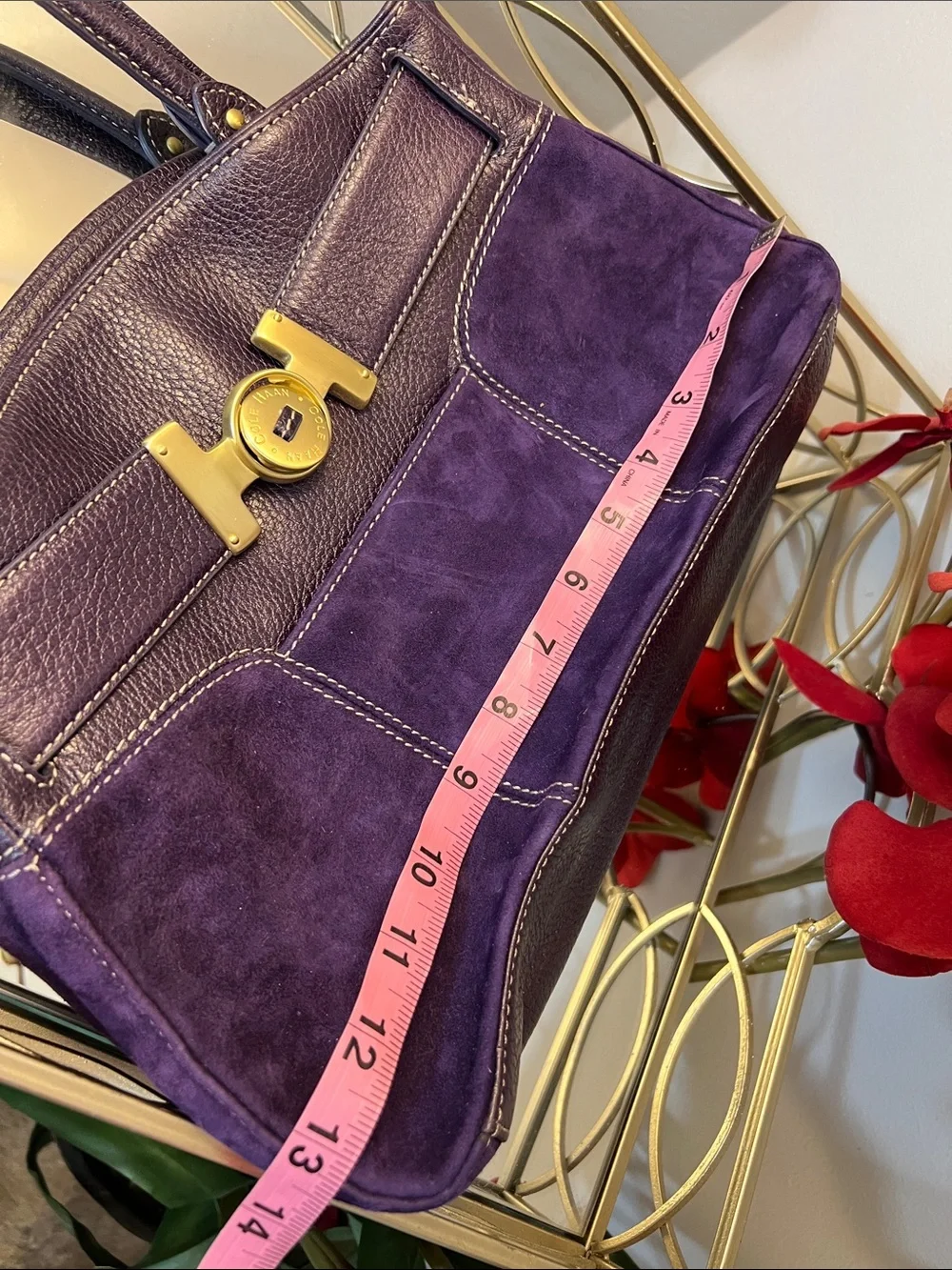 Cole Haan Purple Y2K Suede & Leather Top Handle Satchel with Gold Hardware